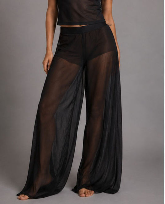 Unisex Black Sheer Mesh Wide-Leg Pants – Premium Transparent Streetwear