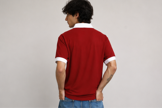 Men's Burgundy Polo T-Shirt with Contrast White Collar