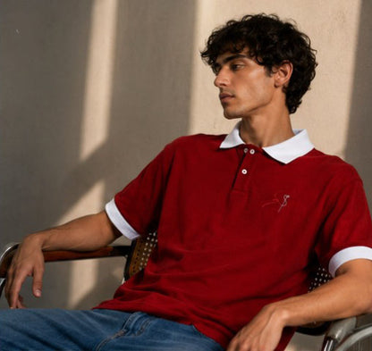 Men's Burgundy Polo T-Shirt with Contrast White Collar