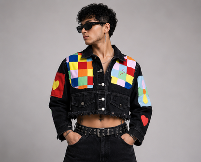 Unisex Black Cropped Patchwork Denim Jacket – Handcrafted Multicolor Oversized Streetwear