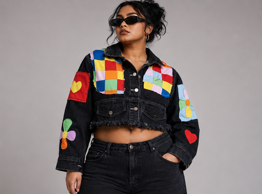 Unisex Black Cropped Patchwork Denim Jacket – Handcrafted Multicolor Oversized Streetwear