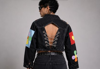 Unisex Black Cropped Patchwork Denim Jacket – Handcrafted Multicolor Oversized Streetwear