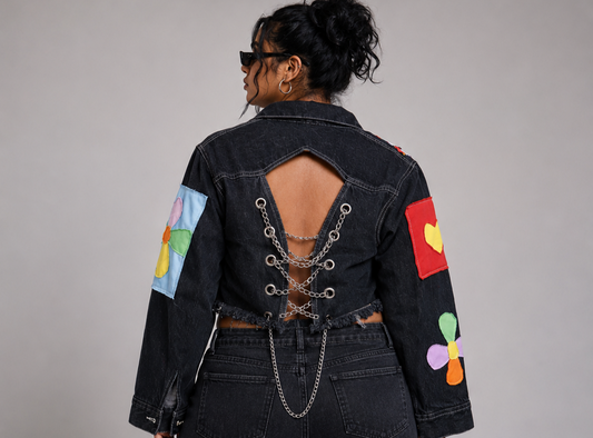 Unisex Black Cropped Patchwork Denim Jacket – Handcrafted Multicolor Oversized Streetwear
