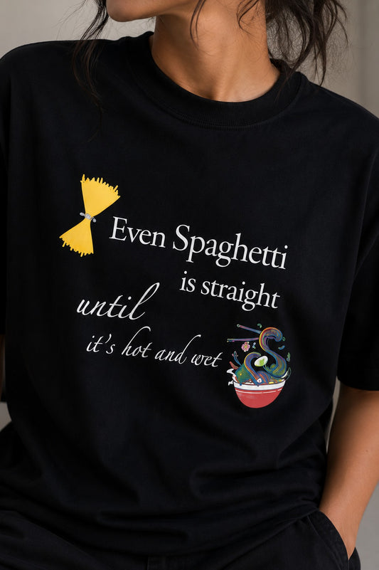 Unisex Black Oversized Funny Spaghetti Graphic T-Shirt