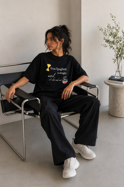 Unisex Black Oversized Funny Spaghetti Graphic T-Shirt