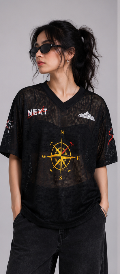 Unisex Black Oversized Mesh Jersey T-Shirt – Compass Graphic Sports Streetwear