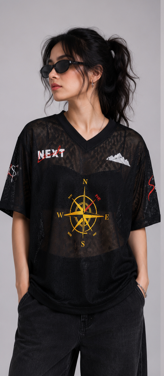Unisex Black Oversized Mesh Jersey T-Shirt – Compass Graphic Sports Streetwear