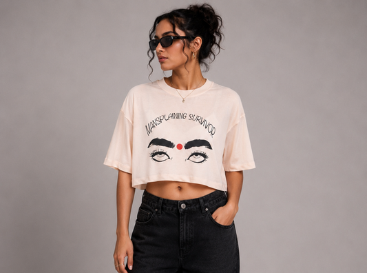 Women's Oversized Graphic Crop Top – Mansplaining Survivor Printed