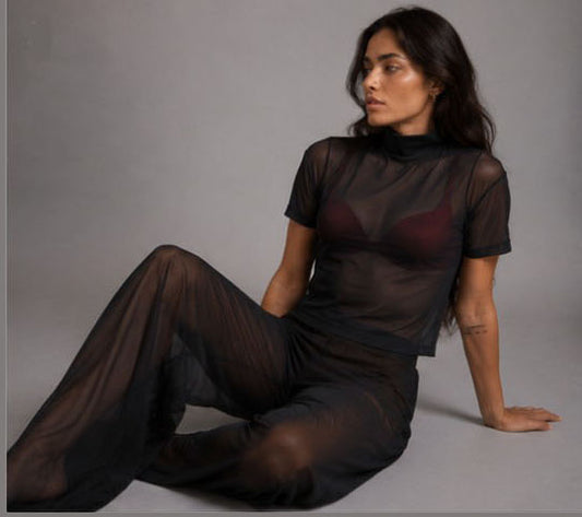 Unisex Black Sheer Mesh Wide-Leg Pants – Premium Transparent Streetwear