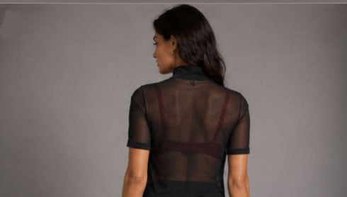 Women's Black Mesh High Neck Top with Short Sleeves
