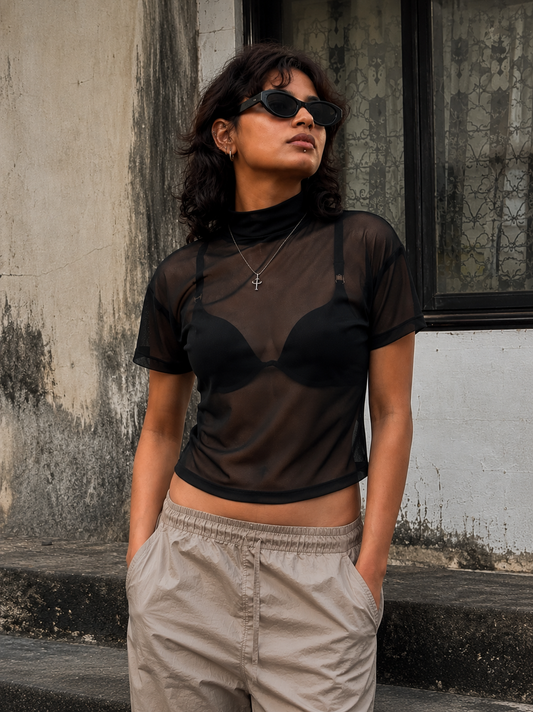 Women's Black Mesh High Neck Top with Short Sleeves