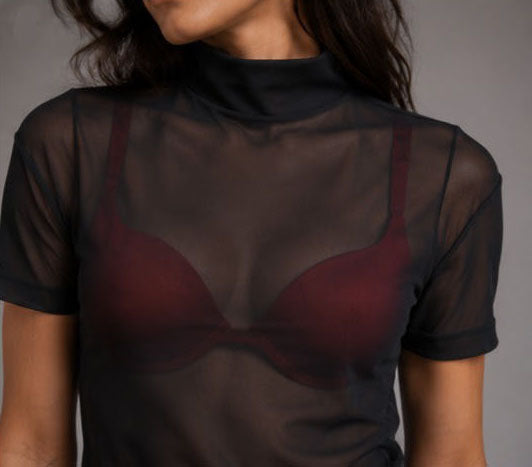 Women's Black Mesh High Neck Top with Short Sleeves