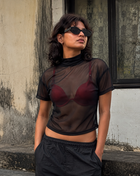 Women's Black Mesh High Neck Top with Short Sleeves
