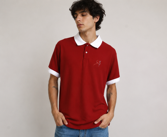 Men's Burgundy Polo T-Shirt with Contrast White Collar