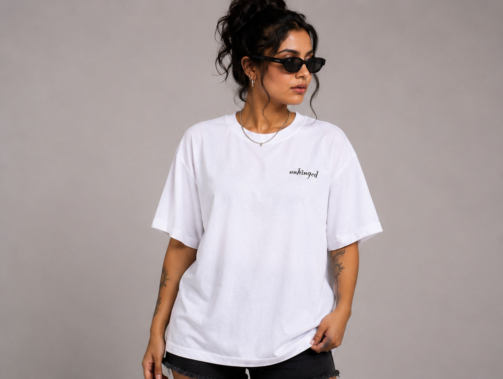 Unisex White Oversized Graphic T-Shirt – Unhinged & Haters Back Print