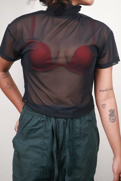 Women's Black Mesh High Neck Top with Short Sleeves
