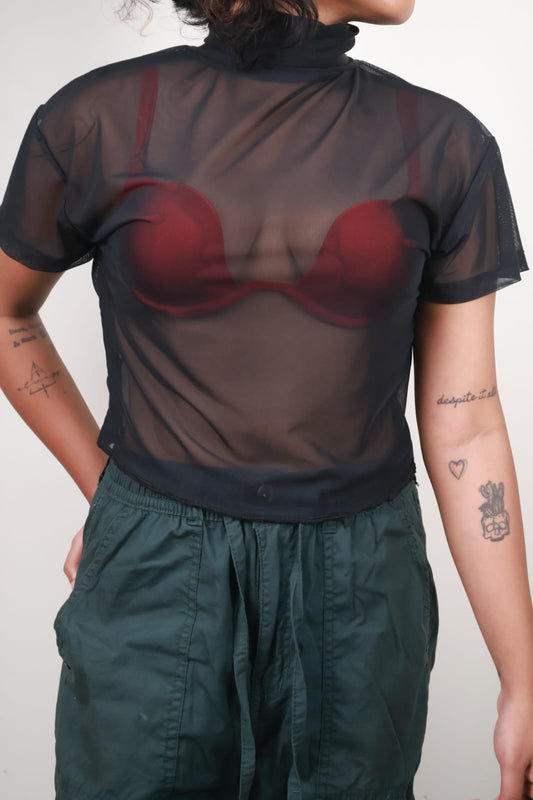 Women's Black Mesh High Neck Top with Short Sleeves