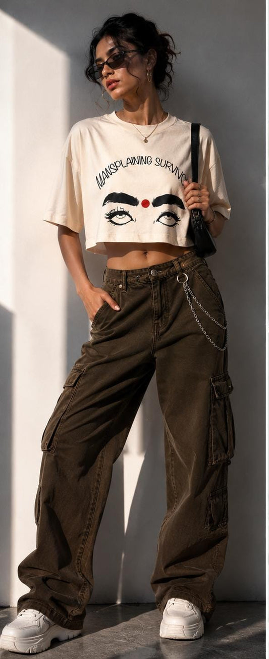 Women's Oversized Graphic Crop Top – Mansplaining Survivor Printed