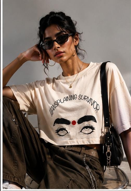 Women's Oversized Graphic Crop Top – Mansplaining Survivor Printed