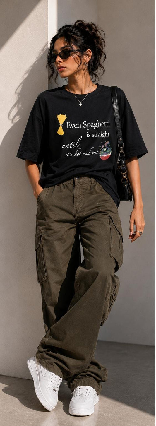 Unisex Black Oversized Funny Spaghetti Graphic T-Shirt